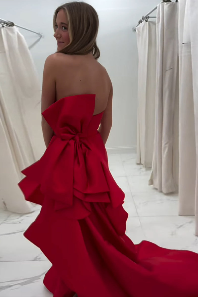 Load image into Gallery viewer, Red Mermaid Satin Bow Long Prom Dress with Slit