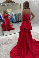 Load image into Gallery viewer, Red Mermaid Satin Bow Long Prom Dress with Slit