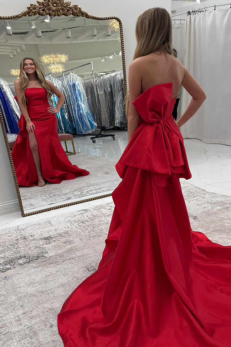 Load image into Gallery viewer, Red Mermaid Satin Bow Long Prom Dress with Slit