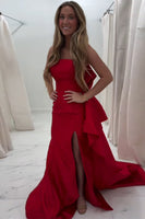 Load image into Gallery viewer, Red Mermaid Satin Bow Long Prom Dress with Slit