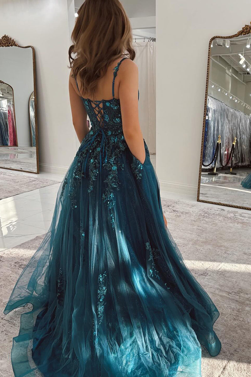 Load image into Gallery viewer, Peacock Blue A Line Appliqued Long Tulle Prom Dress with Slit