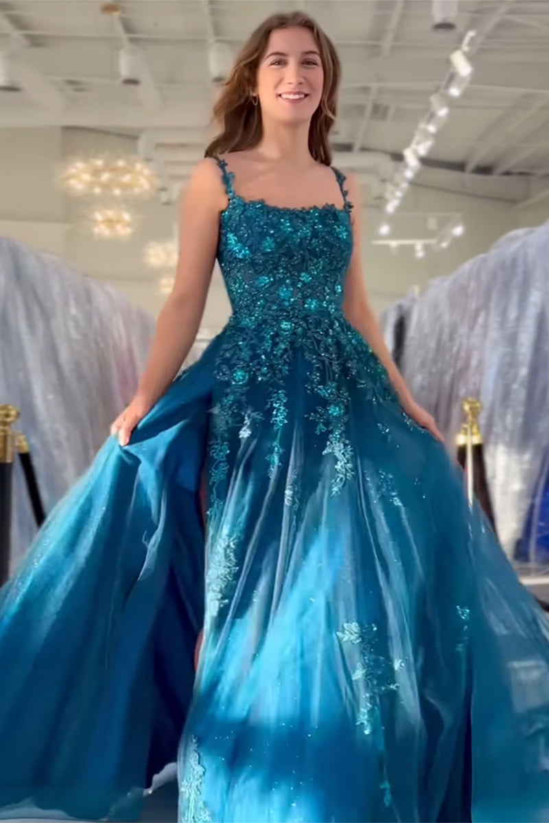 Load image into Gallery viewer, Peacock Blue A Line Appliqued Long Tulle Prom Dress with Slit