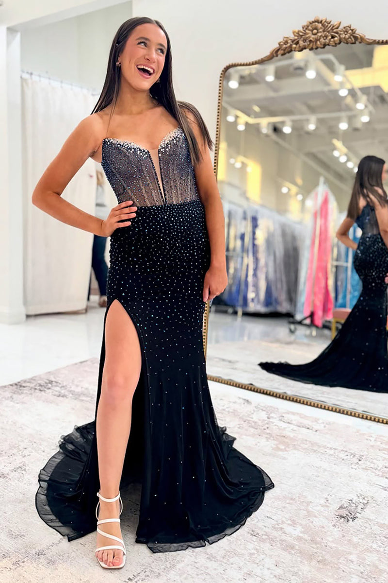 Load image into Gallery viewer, Black Mermaid Sparkly Corset Long Prom Dress with Slit