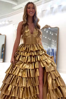 Load image into Gallery viewer, Metallic Gold A Line Corset Long Prom Dress with Slit