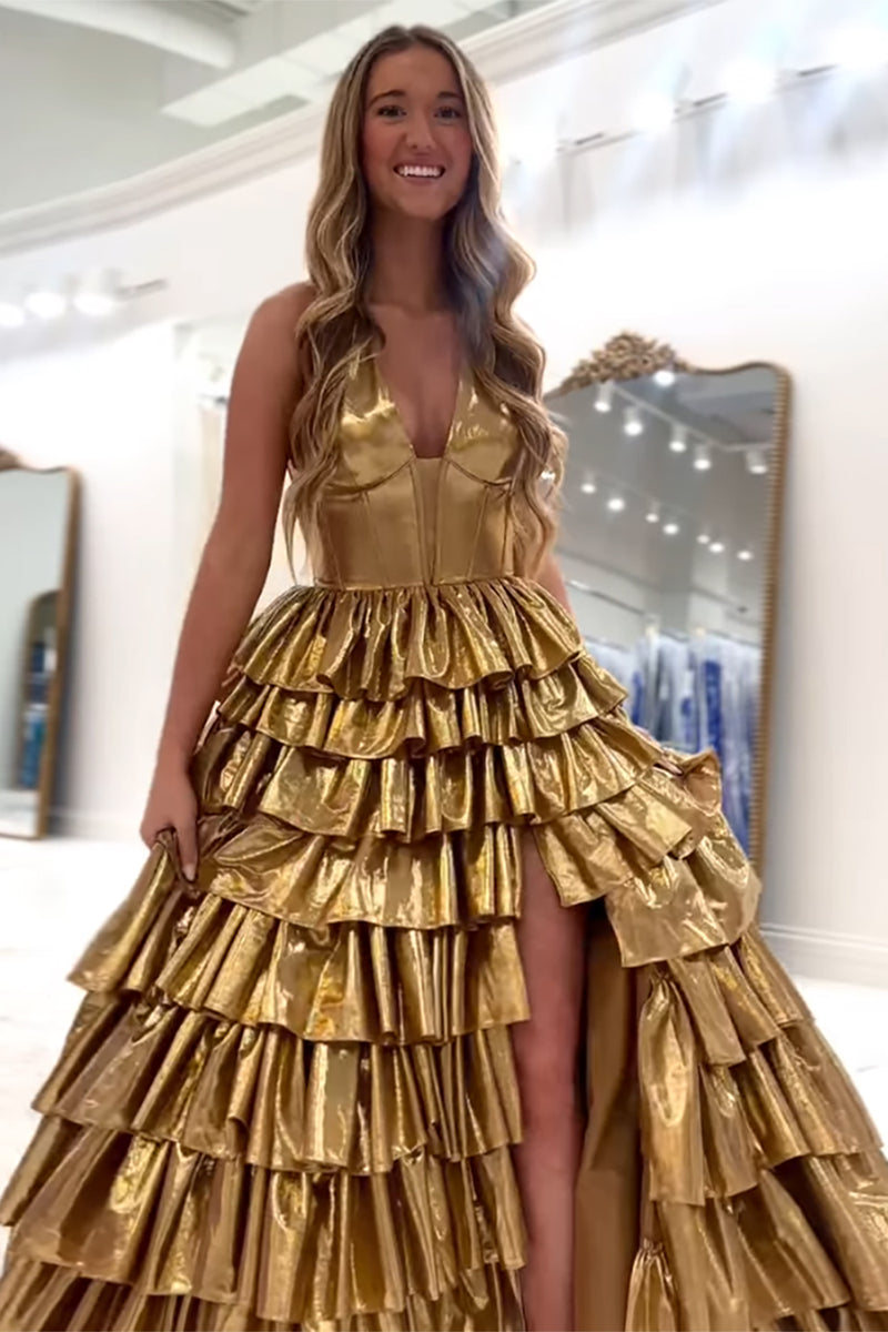 Load image into Gallery viewer, Metallic Gold A Line Corset Long Prom Dress with Slit