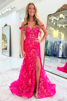 Load image into Gallery viewer, Fuchsia Mermaid Tulle Corset Long Prom Dress with Slit
