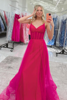 Fuchsia A Line Corset Tulle Long Prom Dress