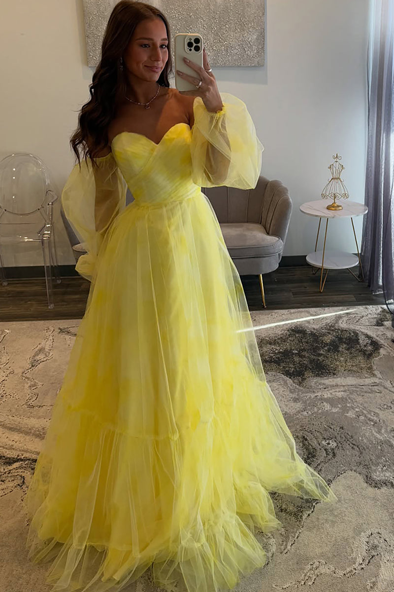 Load image into Gallery viewer, Yellow A Line Tulle Off The Shoulder Long Prom Dress
