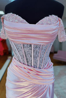 Pink Satin Corset Ruched Mermaid Long Prom Dress with Slit