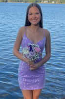 Load image into Gallery viewer, Sparkly Purple Sequin Beaded Bodycon Short Porm Dress