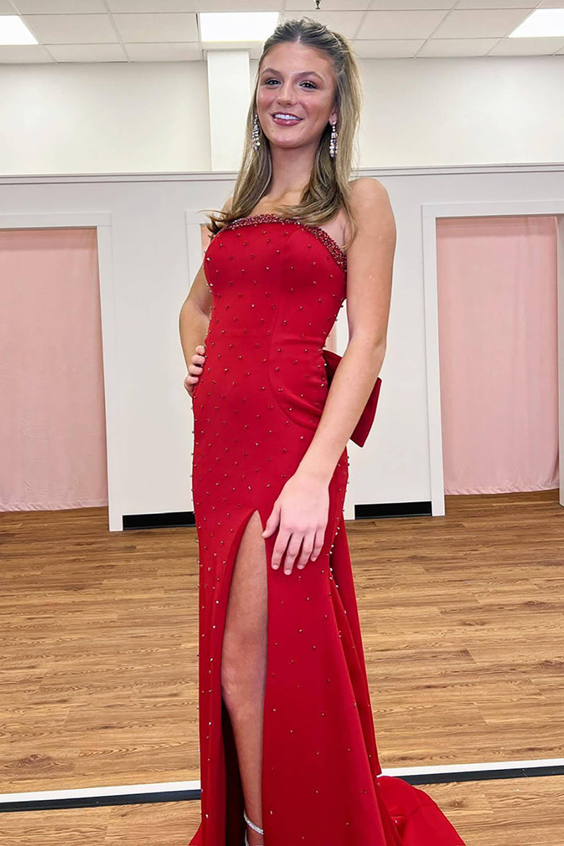Load image into Gallery viewer, Sparkly Red Satin Beaded Mermaid Long Prom Dress with Slit