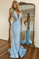 Load image into Gallery viewer, Sparkly Light Blue Beaded Corset Halter Mermaid Long Prom Dress