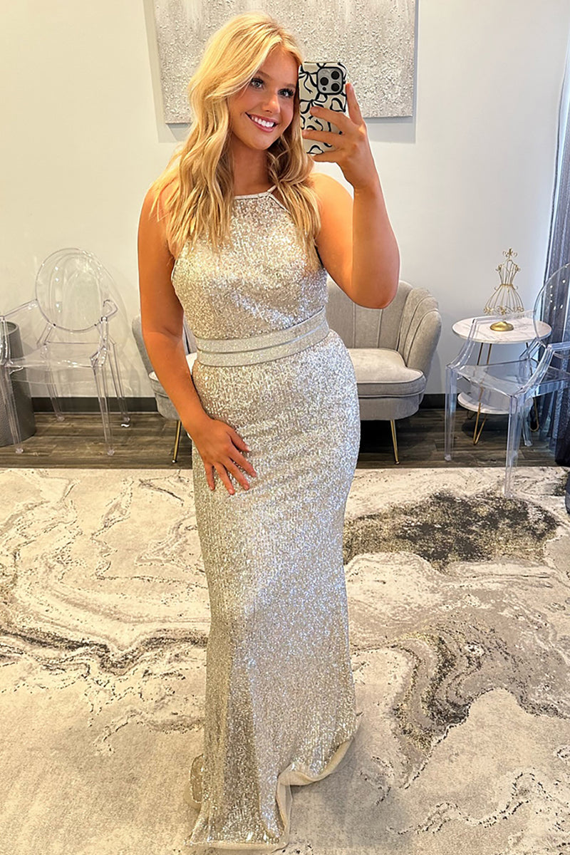 Load image into Gallery viewer, Sparkly Sliver Sequin Mermaid Long Prom Dress
