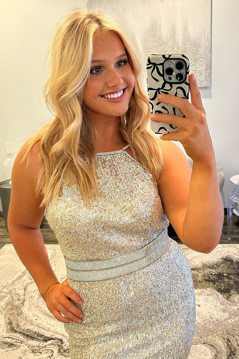 Load image into Gallery viewer, Sparkly Sliver Sequin Mermaid Long Prom Dress