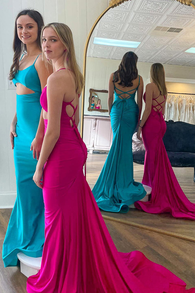Load image into Gallery viewer, Light Blue Satin Mermaid Long Prom Dress with Keyhole
