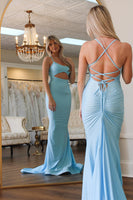 Load image into Gallery viewer, Light Blue Satin Mermaid Long Prom Dress with Keyhole