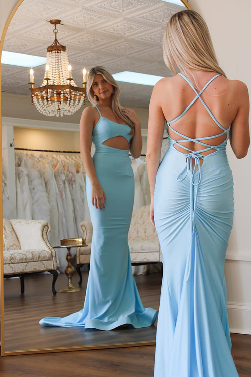 Load image into Gallery viewer, Light Blue Satin Mermaid Long Prom Dress with Keyhole