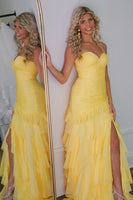 Load image into Gallery viewer, Yellow Chiffon Sweetheart Pleated Mermaid Long Prom Dress with Ruffles