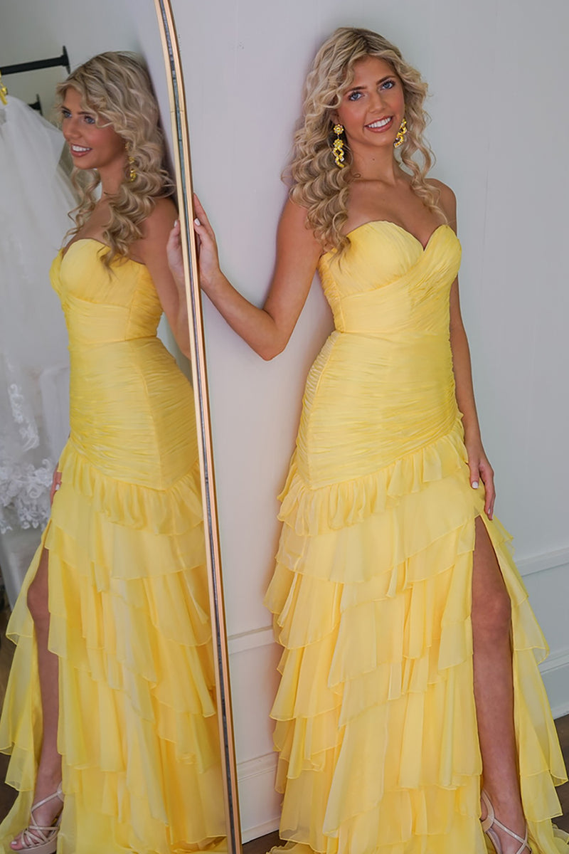 Load image into Gallery viewer, Yellow Chiffon Sweetheart Pleated Mermaid Long Prom Dress with Ruffles