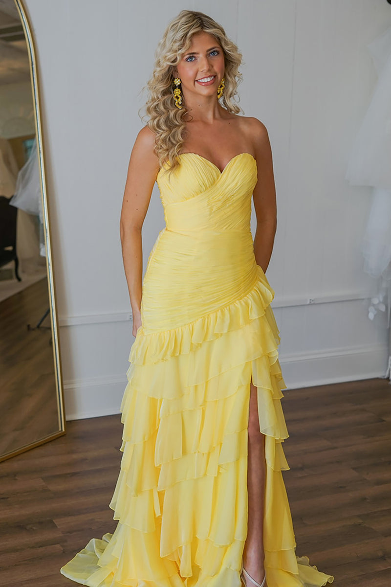 Load image into Gallery viewer, Yellow Chiffon Sweetheart Pleated Mermaid Long Prom Dress with Ruffles