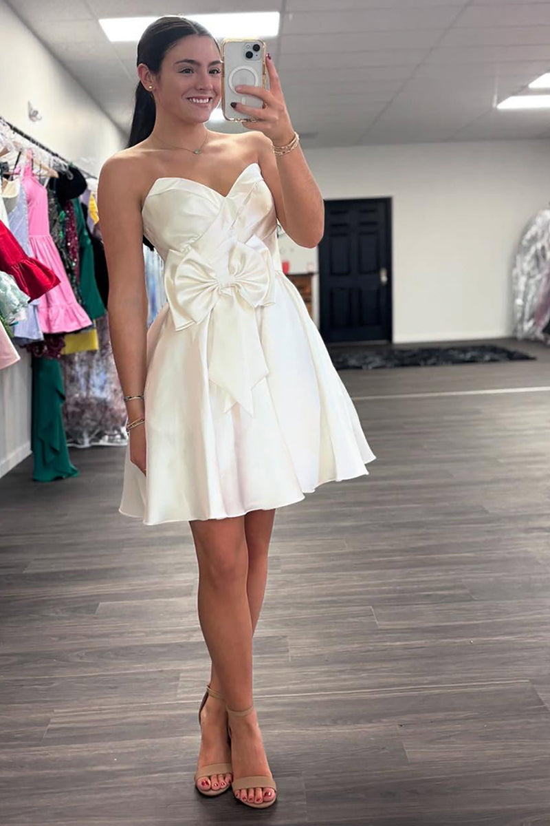Load image into Gallery viewer, White Satin Sweetheart A Line Short Graduation Dress with Bow