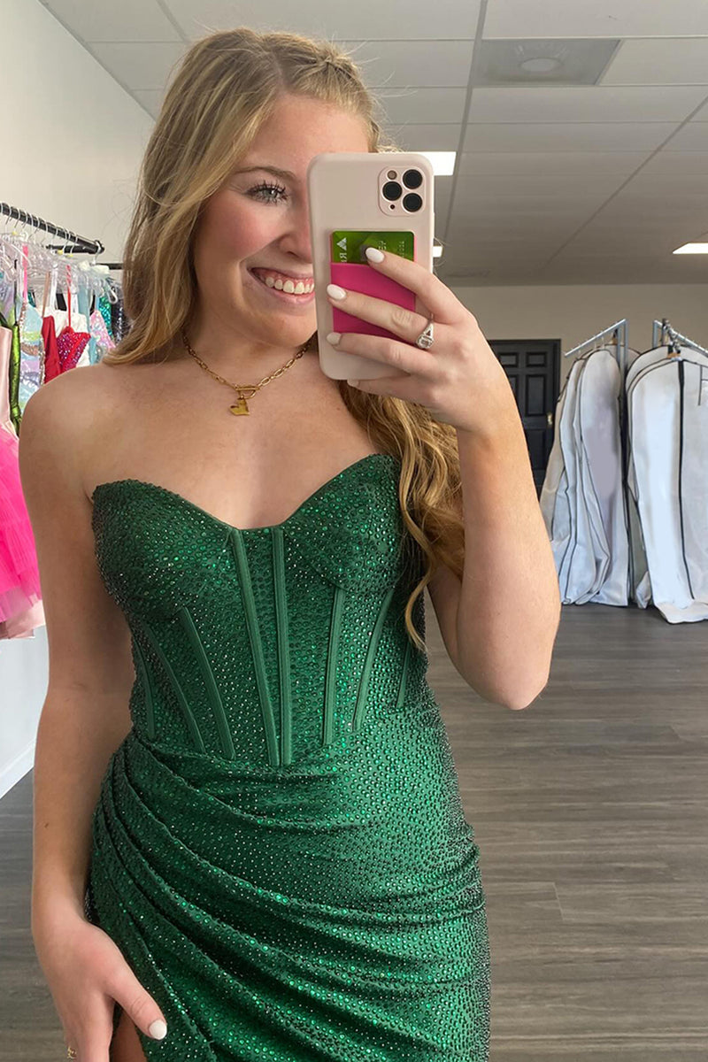 Load image into Gallery viewer, Sparkly Dark Green Satin Beaded Corset Mermaid Long Prom Dress with Slit