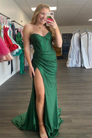 Load image into Gallery viewer, Sparkly Dark Green Satin Beaded Corset Mermaid Long Prom Dress with Slit