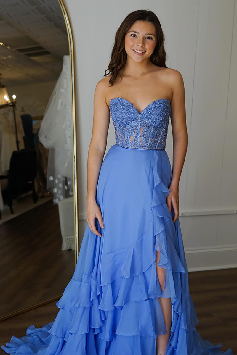 Load image into Gallery viewer, Blue Chiffon Corset Sheath Long Prom Dress with Ruffles