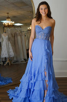 Load image into Gallery viewer, Blue Chiffon Corset Sheath Long Prom Dress with Ruffles