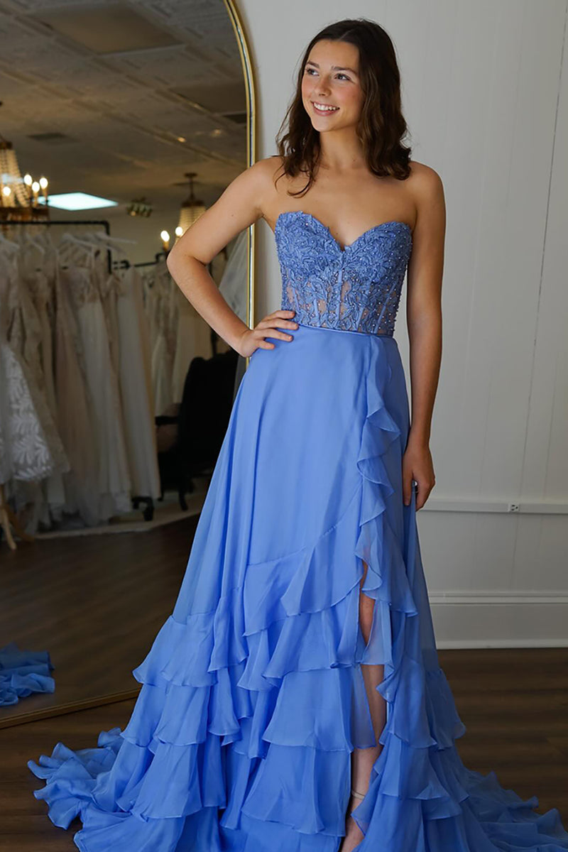 Load image into Gallery viewer, Blue Chiffon Corset Sheath Long Prom Dress with Ruffles