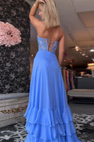 Load image into Gallery viewer, Blue Chiffon Corset Sheath Long Prom Dress with Ruffles