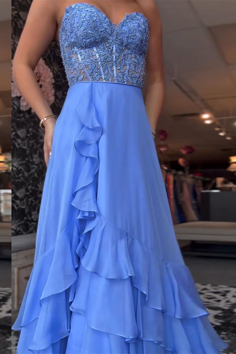 Load image into Gallery viewer, Blue Chiffon Corset Sheath Long Prom Dress with Ruffles