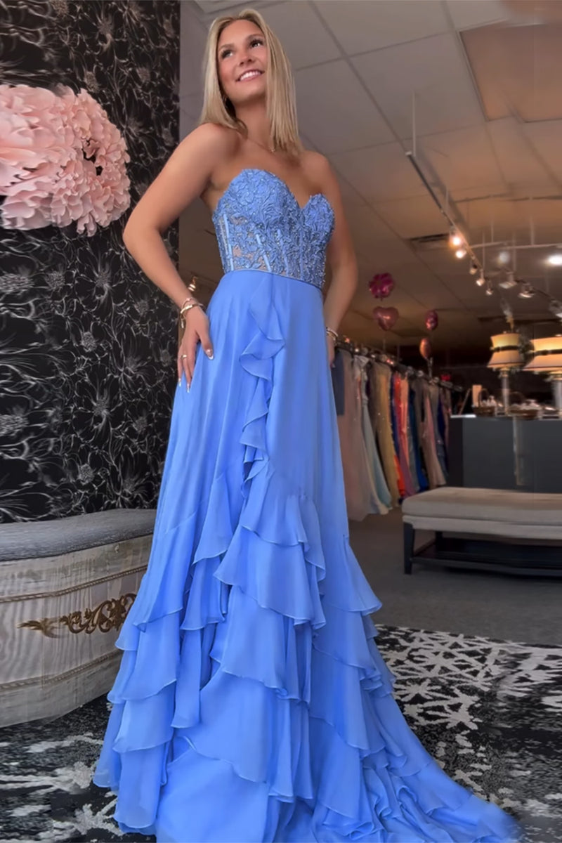 Blue Strapless Pearl Beaded Ruched Long Corset Prom Dress