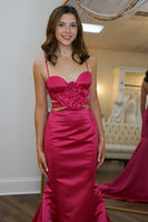 Load image into Gallery viewer, Red Satin Mermaid Long Prom Dress with Flowers