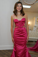 Load image into Gallery viewer, Red Satin Mermaid Long Prom Dress with Flowers