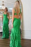 Load image into Gallery viewer, Green Satin Mermaid Long Prom Dress with Ruffles