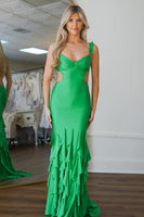 Load image into Gallery viewer, Green Satin Mermaid Long Prom Dress with Ruffles