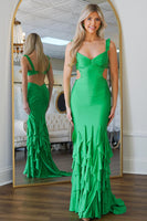 Load image into Gallery viewer, Green Satin Mermaid Long Prom Dress with Ruffles