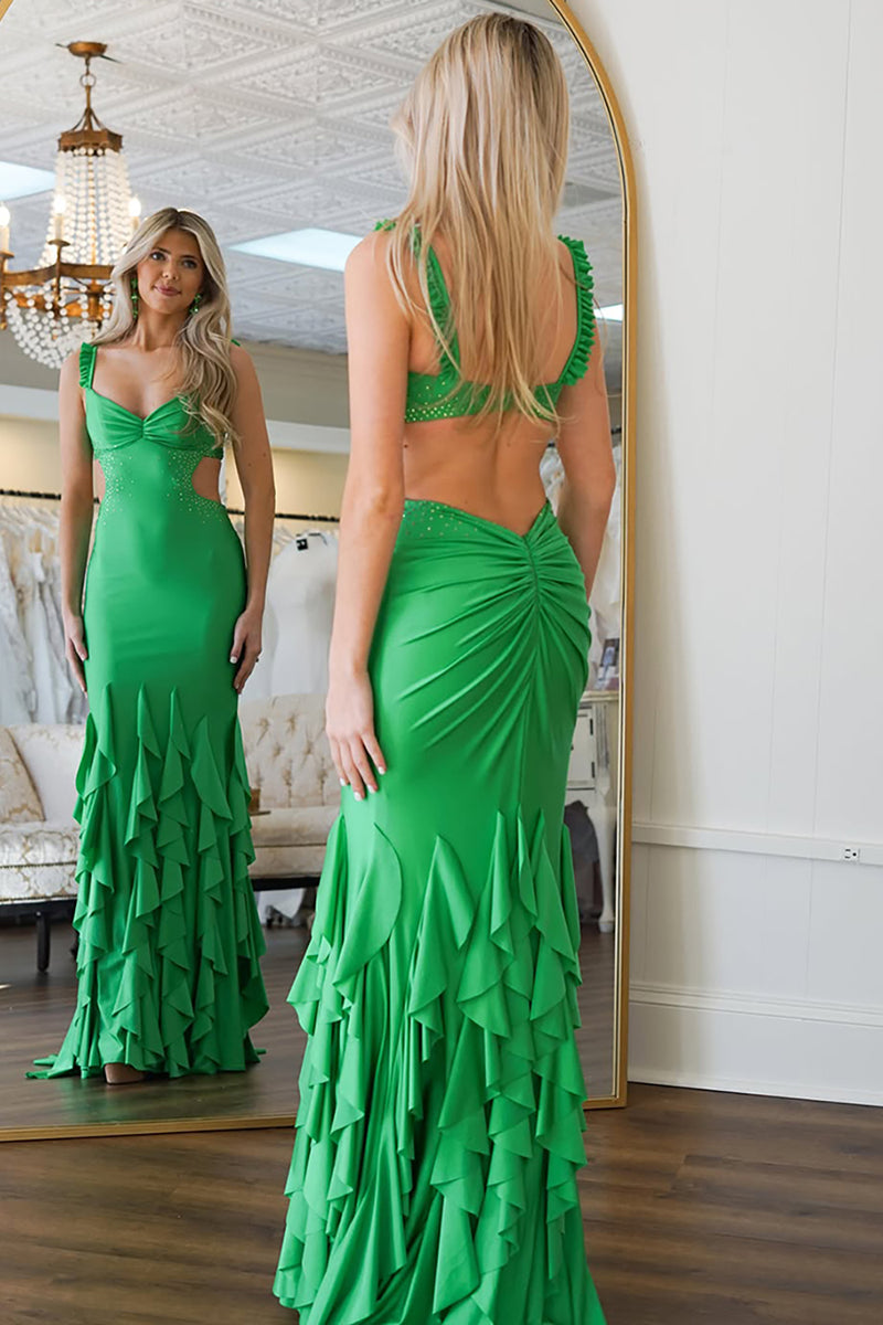 Load image into Gallery viewer, Green Satin Mermaid Long Prom Dress with Ruffles