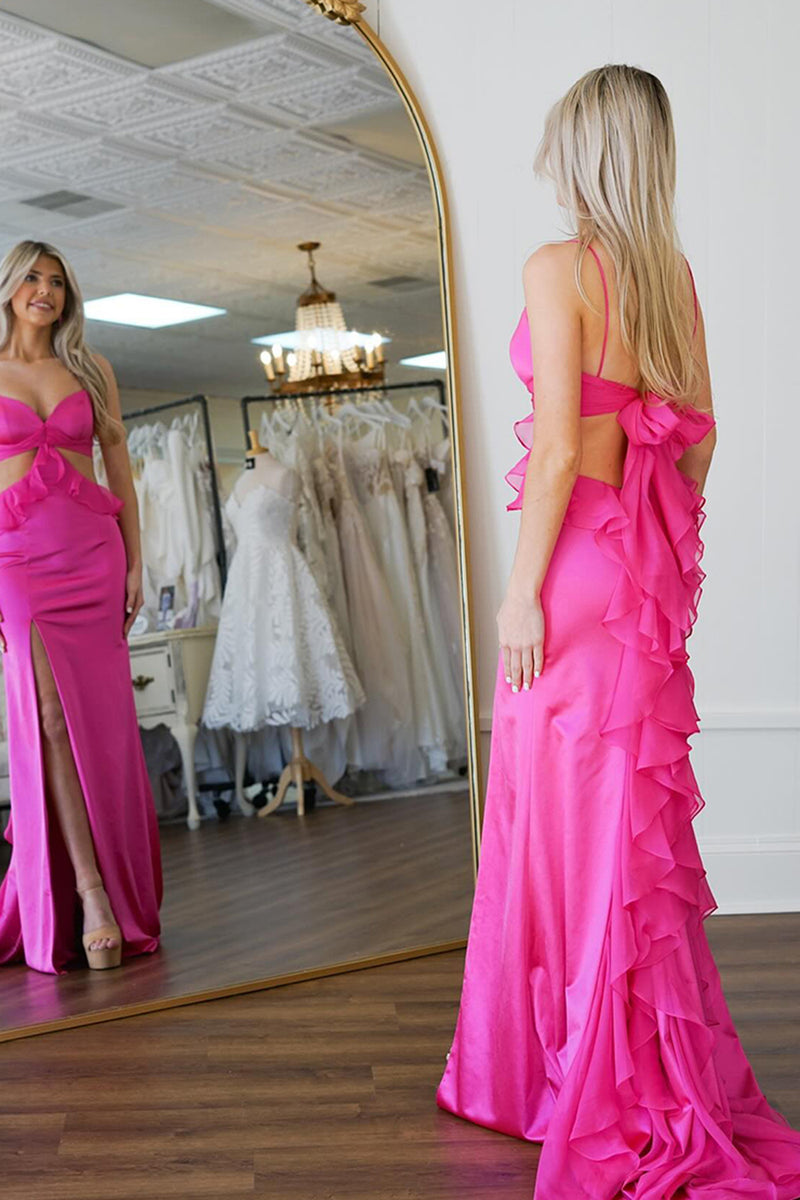 Load image into Gallery viewer, Fuchsia Satin Mermaid Long Prom Dress with Slit