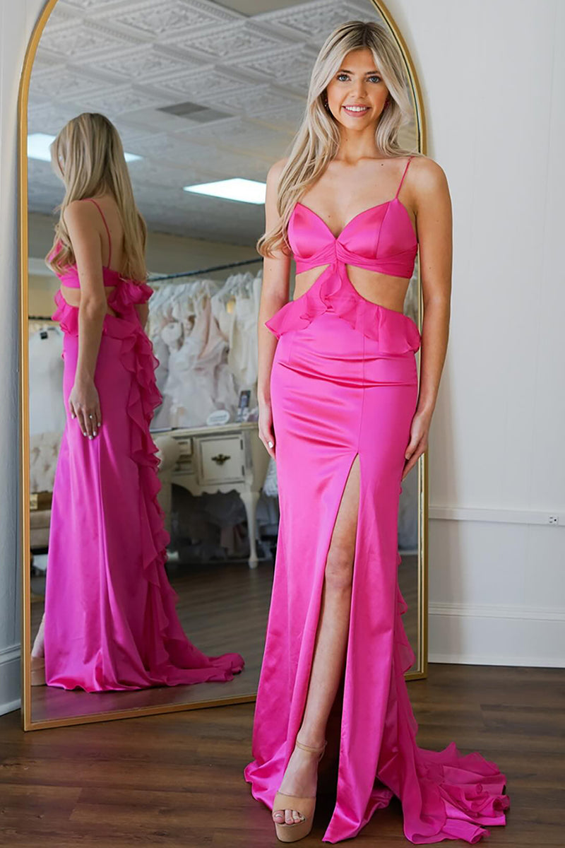 Load image into Gallery viewer, Fuchsia Satin Mermaid Long Prom Dress with Slit