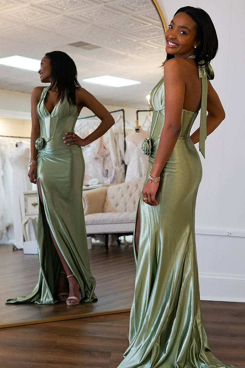 Load image into Gallery viewer, Sage Satin Corset Halter Mermaid Long Prom Dress with Slit