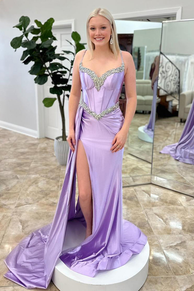 Load image into Gallery viewer, Sparkly Lilac Satin Corset Beaded Mermaid Long Prom Dress with Slit