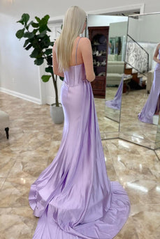 Sparkly Lilac Satin Corset Beaded Mermaid Long Prom Dress with Slit
