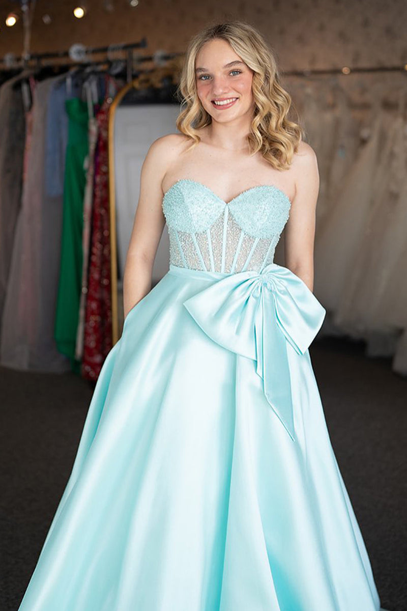 Load image into Gallery viewer, Princess Light Green Satin Corset Ball Gown Long Prom Dress with Bow