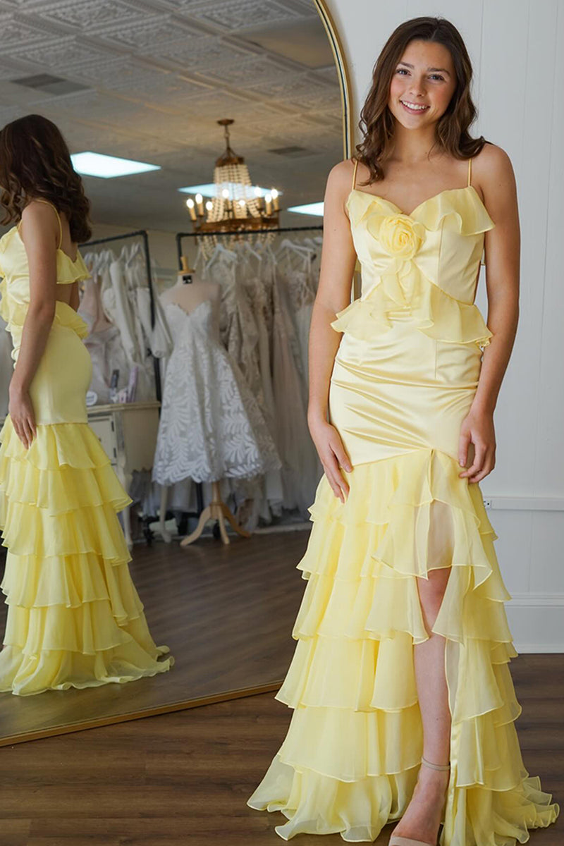 Load image into Gallery viewer, Yellow Chiffon Mermaid Long Prom Dress with Ruffles