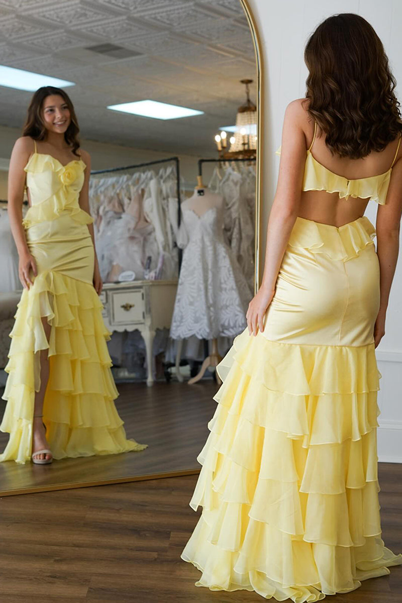 Load image into Gallery viewer, Yellow Chiffon Mermaid Long Prom Dress with Ruffles