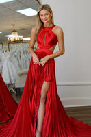 Load image into Gallery viewer, Princess Red Satin Pleated A Line Long Prom Dress with Slit