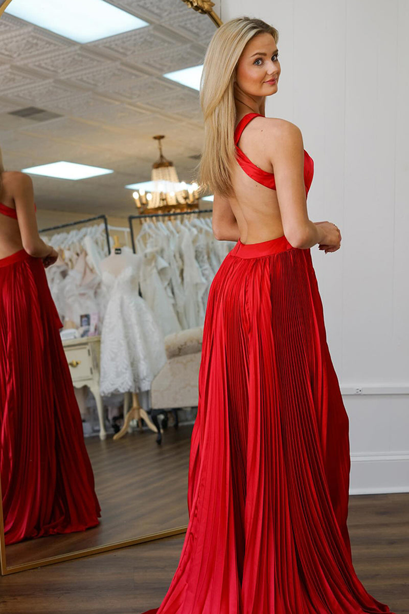 Load image into Gallery viewer, Princess Red Satin Pleated A Line Long Prom Dress with Slit