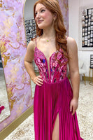 Load image into Gallery viewer, Princess Fuchsia Metallic Pleated A Line Long Prom Dress with Slit